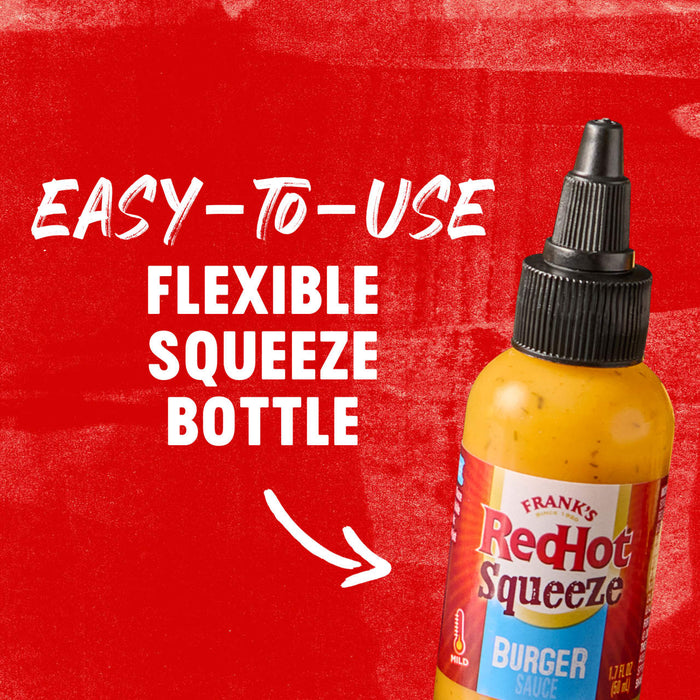 A bottle of Franks RedHot Squeeze Burger Sauce with a red background and white text that says Easy-to-use Flexible Squeeze Bottle.