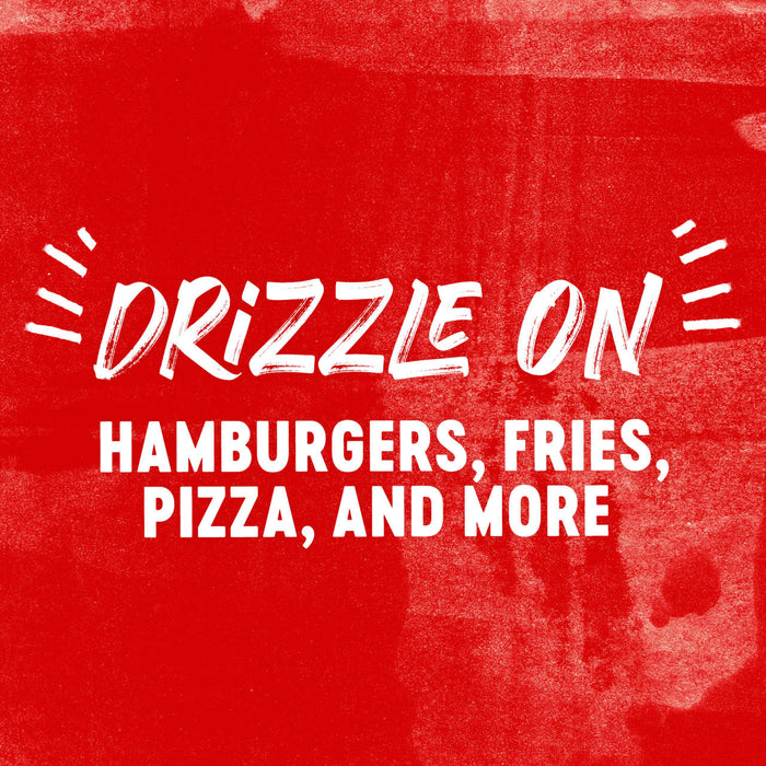 White text on a red background that says Drizzle On with the words Hamburgers Fries Pizza and More underneath.