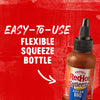 A bottle of Franks RedHot Squeeze Korean BBQ Sauce with the text Easy-to-use flexible squeeze bottle on a red background.