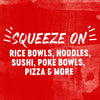 A red background with white text that says Squeeze On= Rice Bowls Noodles Sushi Poke Bowls Pizza &amp; More