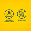 The image shows two blue icons on a yellow background indicating No Artificial Colors or Flavors and No Corn Syrup.