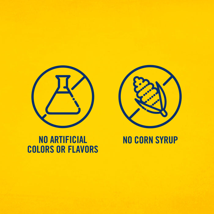 The image shows two blue icons on a yellow background indicating No Artificial Colors or Flavors and No Corn Syrup.
