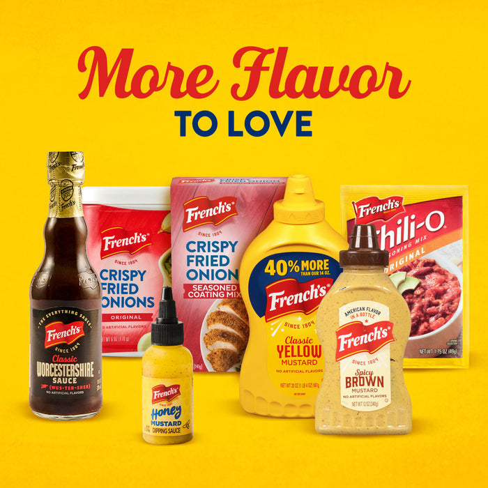 A variety of Frenchs products are displayed including Worcestershire sauce crispy fried onions honey mustard classic yellow mustard spicy brown mustard and chili-O seasoning mix under the text More Flavor to Love.