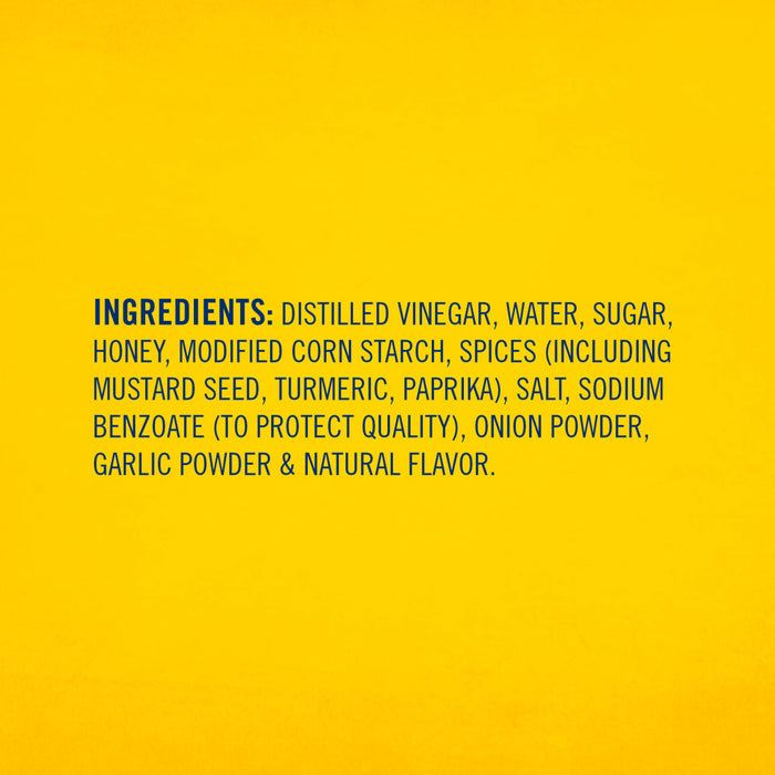 The ingredients list for Frenchs Honey Mustard Dipping Sauce 1.7 Oz is shown in blue text against a bright yellow background.