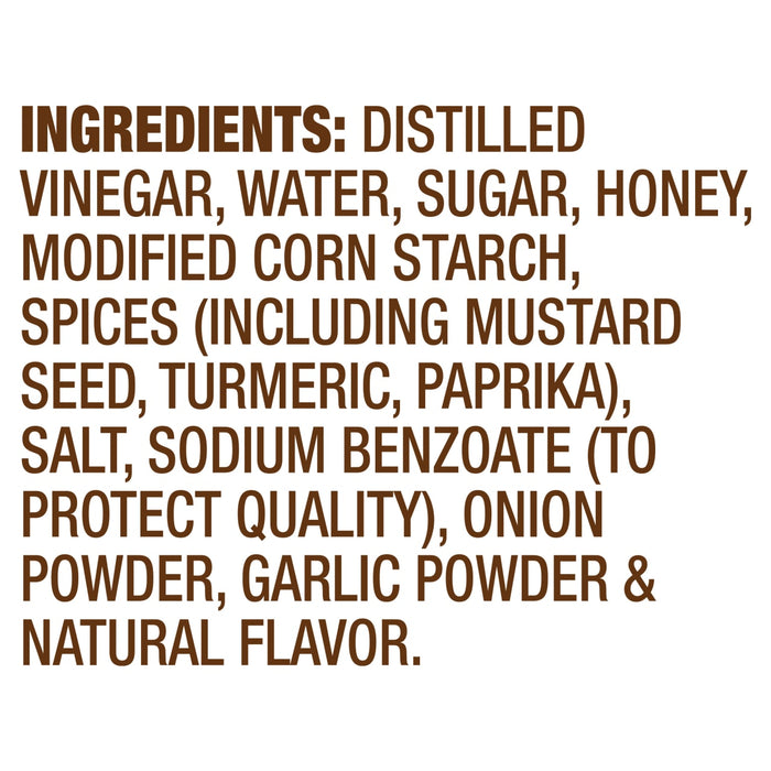 A list of ingredients for a product including vinegar water sugar honey modified corn starch spices salt sodium benzoate onion powder garlic powder and natural flavor.