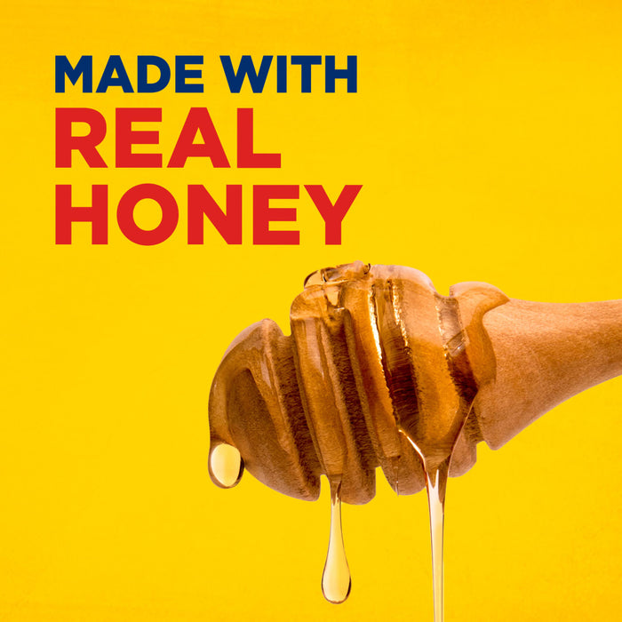 The image showcases a honey dipper dripping with real honey against a vibrant yellow background emphasizing the natural ingredient.