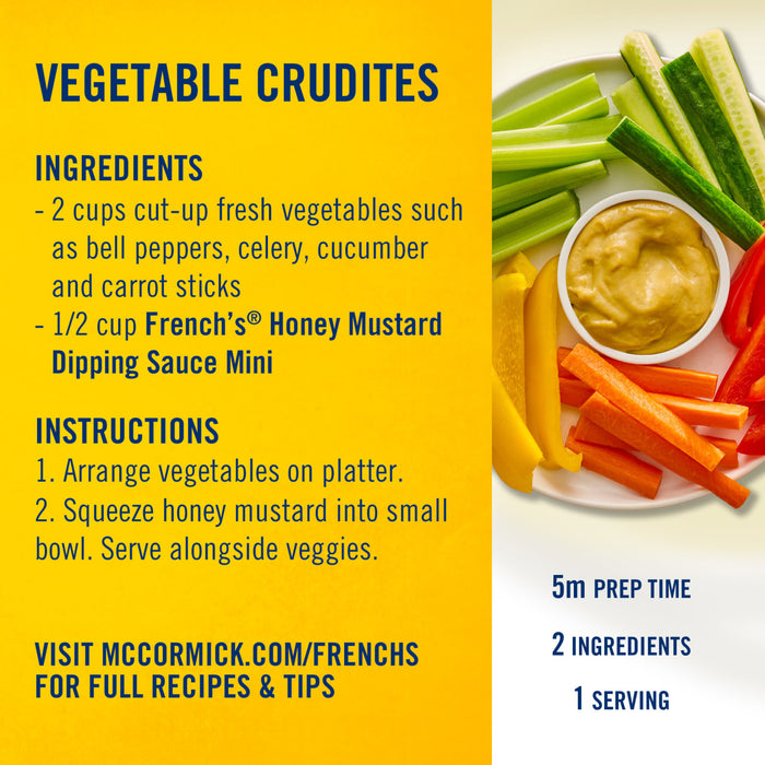 A plate of vegetable cruditACs with Frenchs Honey Mustard Dipping Sauce Mini ready to be served as a healthy snack.