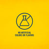 The image shows a blue icon of a flask inside a circle with a line through it, accompanied by the text "NO ARTIFICIAL COLORS OR FLAVORS" on a yellow background.