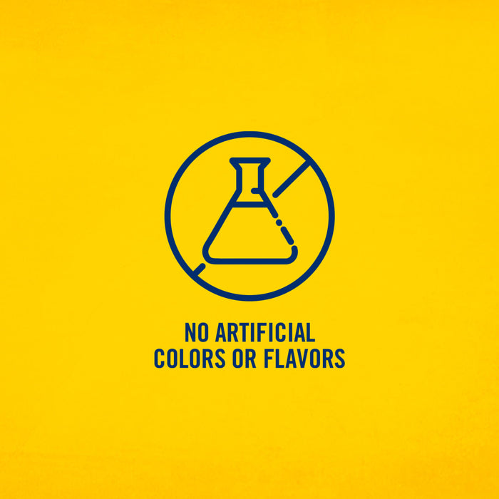 The image shows a blue icon of a flask inside a circle with a line through it, accompanied by the text "NO ARTIFICIAL COLORS OR FLAVORS" on a yellow background.