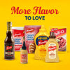 This image features a variety of French's products, including Worcestershire sauce, crispy fried onions, maple mustard, classic yellow mustard, spicy brown mustard, and chili-O seasoning mix, under the text "More Flavor to Love."