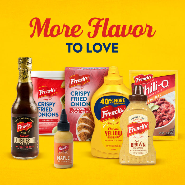 This image features a variety of French's products, including Worcestershire sauce, crispy fried onions, maple mustard, classic yellow mustard, spicy brown mustard, and chili-O seasoning mix, under the text "More Flavor to Love."