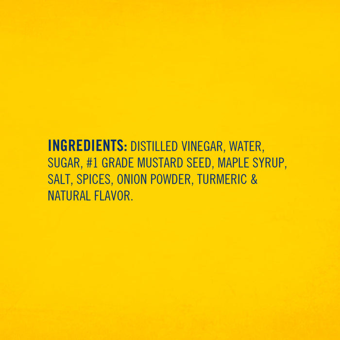 The ingredients list for Frenchs Brown Maple Mustard 1.7 Oz is shown in blue text on a yellow background, including distilled vinegar, water, sugar, #1 grade mustard seed, and maple syrup.