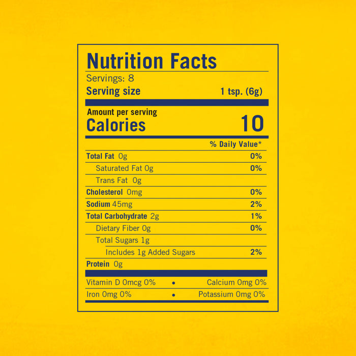 The nutrition facts label for a package of Frenchs Brown Maple Mustard 1.7 Oz, indicating that one teaspoon serving contains 10 calories and 45mg of sodium.