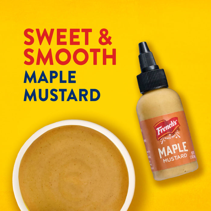 A bottle of French's Maple Mustard is displayed next to a bowl of the same mustard, highlighting its sweet and smooth flavor.