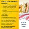 This image shows a recipe for a Turkey Club Sandwich, including ingredients, instructions, and nutritional information, featuring French's Maple Mustard Mini.