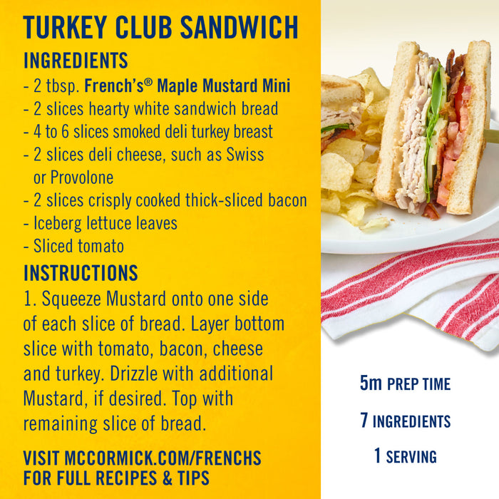 This image shows a recipe for a Turkey Club Sandwich, including ingredients, instructions, and nutritional information, featuring French's Maple Mustard Mini.