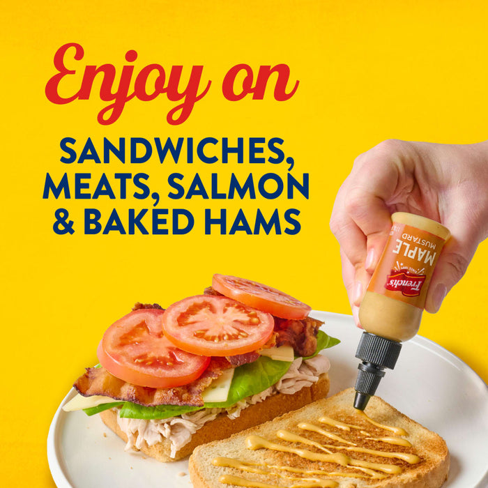 A hand squeezes French's Maple Mustard onto a sandwich with the text "Enjoy on Sandwiches, Meats, Salmon &amp; Baked Hams" on a yellow background.