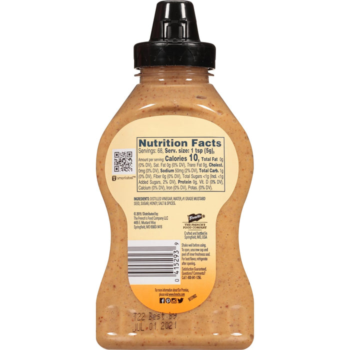 ["A bottle of French's Honey Mustard with nutrition facts and ingredients listed on the label."]