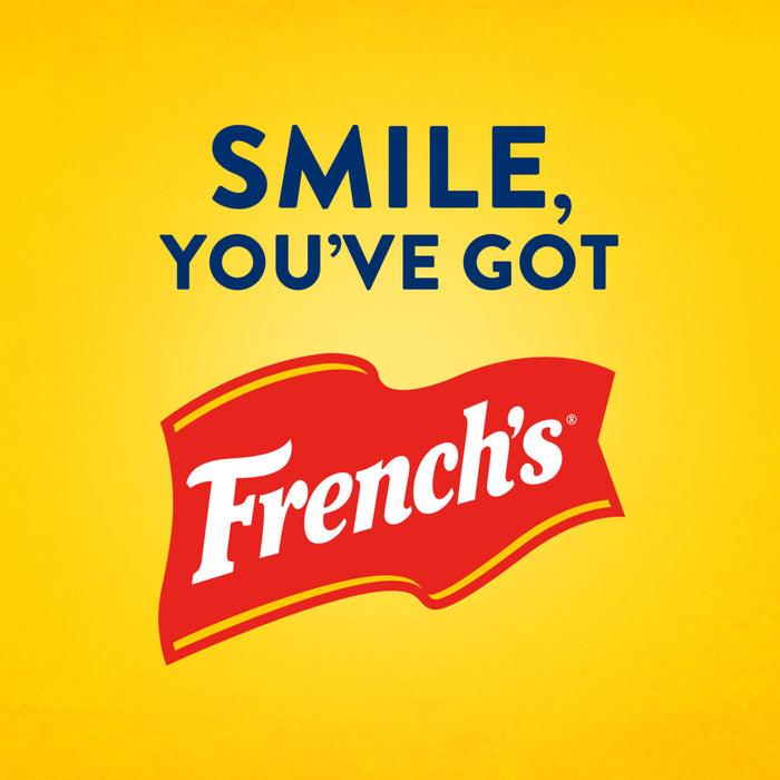 A graphic illustration featuring the slogan SMILE YOU HAVE GOT above the red flag logo for Frenchs Brown Honey Dijon Mustard 12 Oz on a bright yellow background.