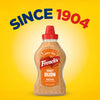 A bottle of Frenchs Brown Honey Dijon Mustard 12 Oz is centered against a bright yellow background with the text SINCE 1904 arched above it.