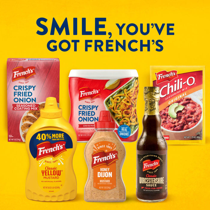 A collection of Frenchs products including Frenchs Brown Honey Dijon Mustard 12 Oz and Classic Yellow Mustard set against a bright yellow background with the text SMILE YOU HAVE GOT FRENCHS.
