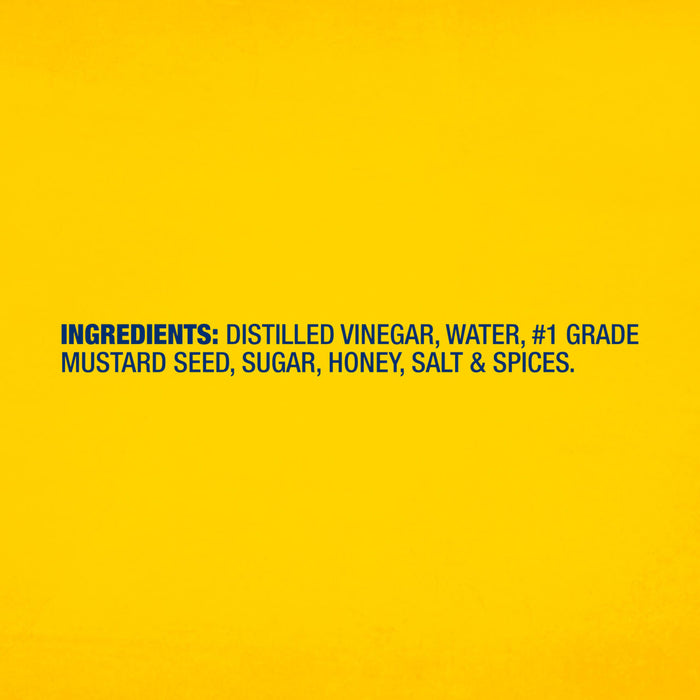 The ingredient list for Frenchs Brown Honey Dijon Mustard 12 Oz includes distilled vinegar, water, number 1 grade mustard seed, sugar, honey, salt, and spices against a solid yellow background.