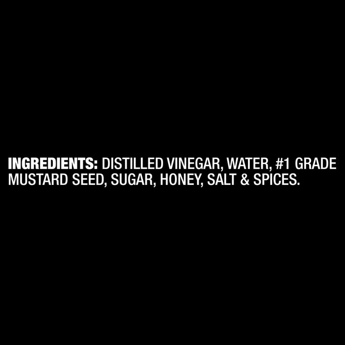A close-up of the ingredients list for French'S Honey Dijon Mustard Gluten Free, detailing distilled vinegar, water, #1 grade mustard seed, sugar, honey, salt, and spices.