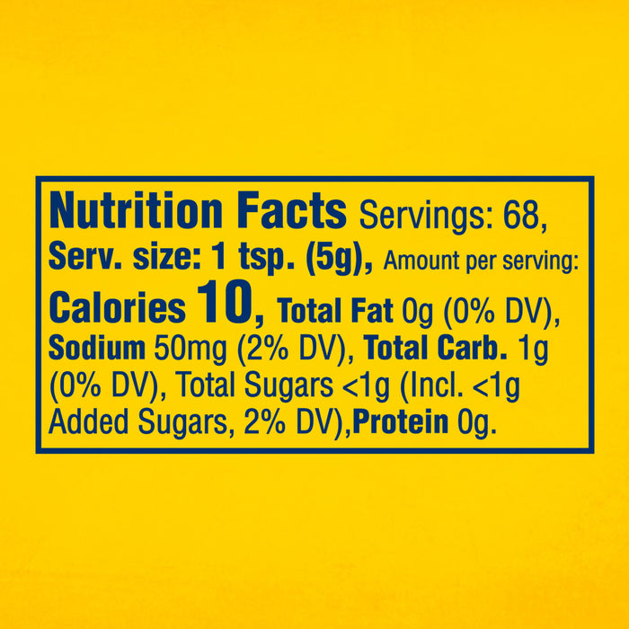 A nutrition facts label for Frenchs Brown Honey Dijon Mustard 12 Oz shows 10 calories and 50 milligrams of sodium per one teaspoon serving.