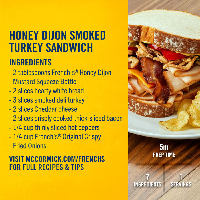 This recipe infographic for a Honey Dijon Smoked Turkey Sandwich features Frenchs Brown Honey Dijon Mustard 12 Oz as a key ingredient for a quick and flavorful meal.