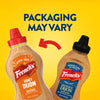 An infographic with the text PACKAGING MAY VARY shows a red arrow pointing from an older blue label bottle to the current orange label bottle of Frenchs Brown Honey Dijon Mustard 12 Oz.