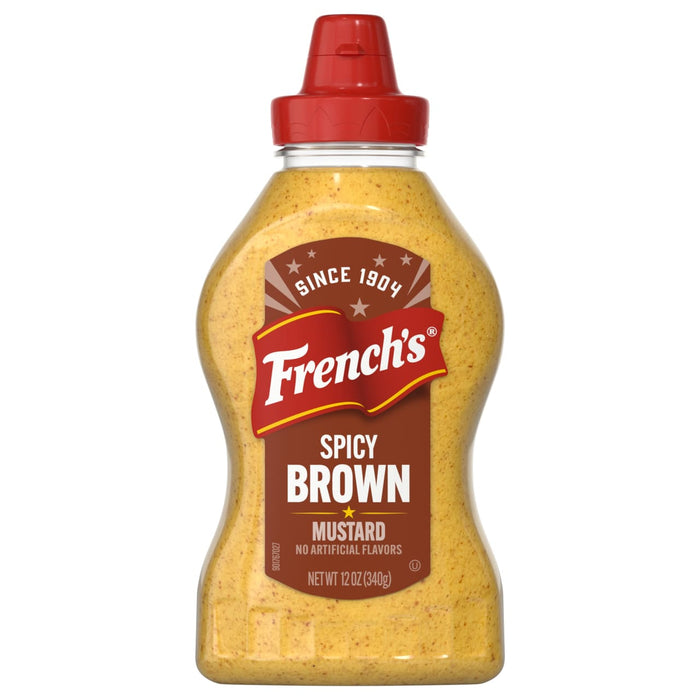 A bottle of French's Spicy Brown Mustard.