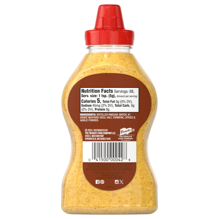 The back of a Frenchs Brown Spicy Brown Mustard 12 Oz bottle shows its nutrition facts, ingredients, and company details