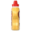 A clear plastic squeeze bottle of Frenchs Brown Spicy Brown Mustard 12 Oz with a dark brown cap, filled with grainy yellow-brown mustard.