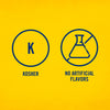 An illustration of two blue icons on a yellow background, showing that Frenchs Brown Spicy Brown Mustard 12 Oz is Kosher and contains no artificial flavors.