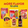 A collection of French's products, including Classic Yellow Mustard, Crispy Fried Onions, and a bottle of Frenchs Brown Spicy Brown Mustard 12 Oz, are arranged on a yellow background under the words More Flavor to Love.