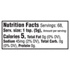 Nutrition facts label showing a serving size of 1 tsp (5g) with 5 calories, 0g total fat, 50mg sodium, 0g total carbohydrate, and 0g protein.