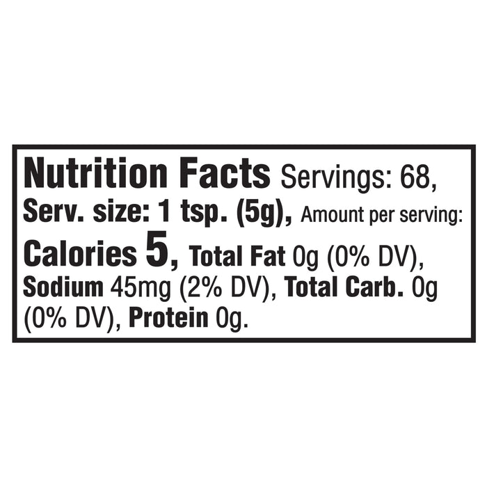 Nutrition facts label showing a serving size of 1 tsp (5g) with 5 calories, 0g total fat, 50mg sodium, 0g total carbohydrate, and 0g protein.
