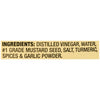 Ingredients list showing distilled vinegar, water, #1 grade mustard seed, salt, turmeric, spices, and garlic powder.