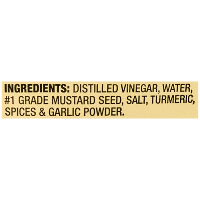 Ingredients list showing distilled vinegar, water, #1 grade mustard seed, salt, turmeric, spices, and garlic powder.
