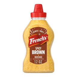 A clear, plastic squeeze bottle of Frenchs Brown Spicy Brown Mustard 12 Oz is shown against a white background.
