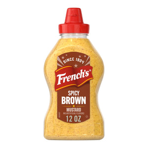 A clear, plastic squeeze bottle of Frenchs Brown Spicy Brown Mustard 12 Oz is shown against a white background.