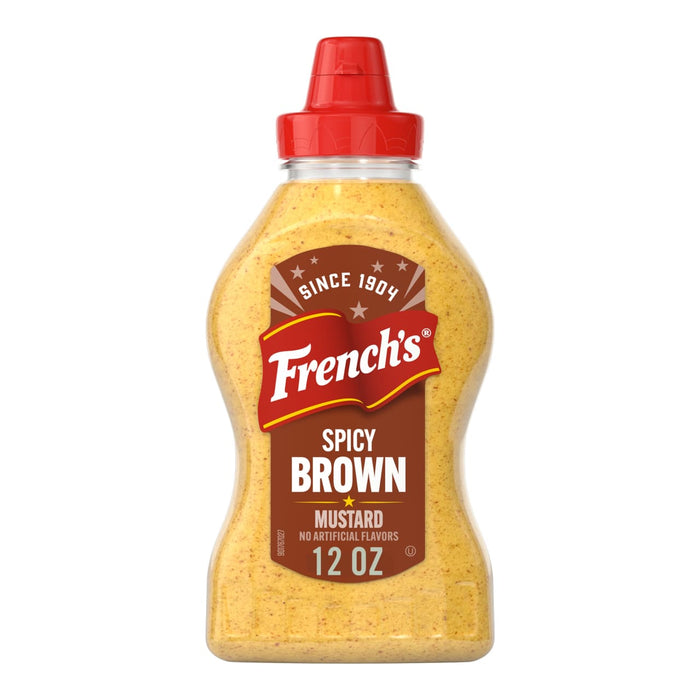 A clear, plastic squeeze bottle of Frenchs Brown Spicy Brown Mustard 12 Oz is shown against a white background.