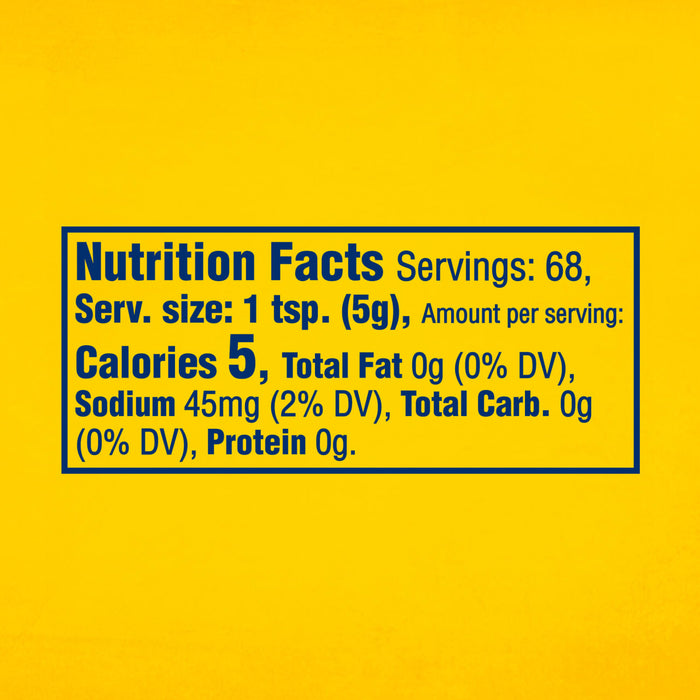 The nutrition facts label for Frenchs Brown Spicy Brown Mustard 12 Oz, indicating that one serving contains 5 calories.