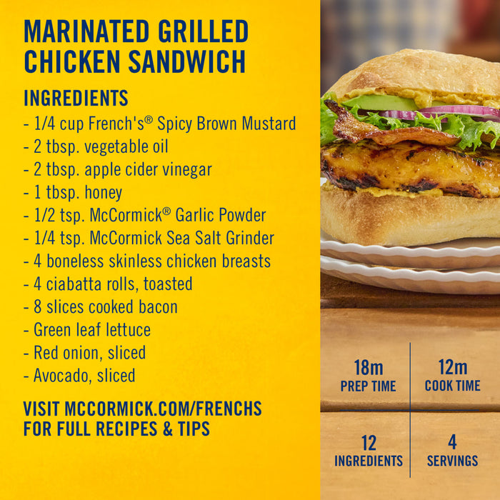 A recipe for a marinated grilled chicken sandwich, which uses Frenchs Brown Spicy Brown Mustard 12 Oz, is displayed next to a photo of the finished sandwich.