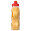 A side profile of a clear squeeze bottle of Frenchs Brown Honey Mustard 12 Oz, showing the texture of the mustard and the red flip-top cap.