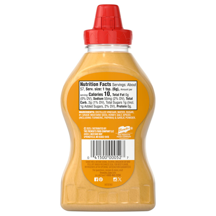 The back of a bottle of Frenchs Brown Honey Mustard 12 Oz, displaying the nutrition facts, ingredients, and company information on the label.