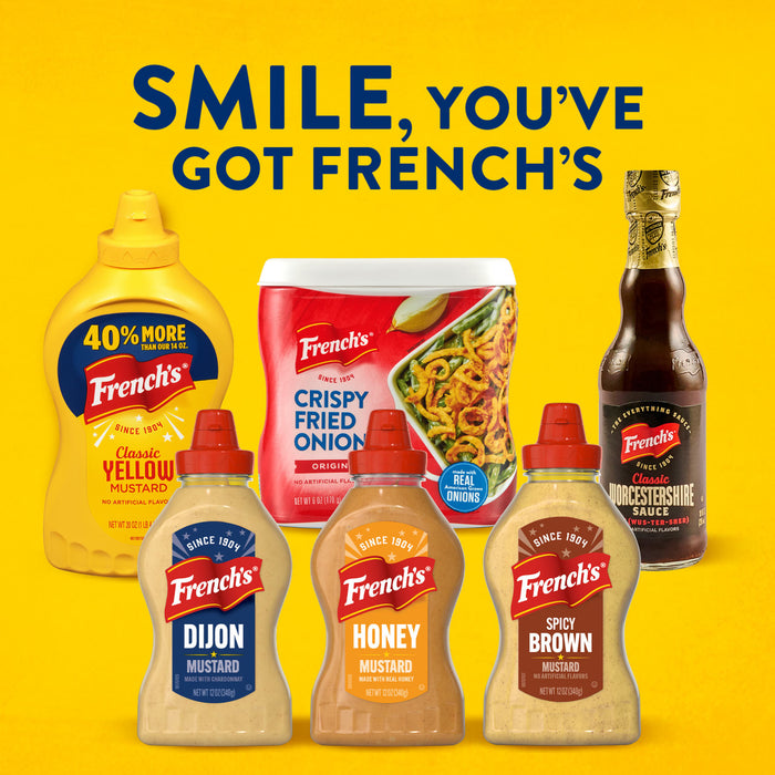 An advertisement shows a collection of French's products, including mustards like the Frenchs Brown Honey Mustard 12 Oz, Crispy Fried Onions, and Worcestershire Sauce, arranged under the slogan, SMILE, YOU'VE GOT FRENCH'S.