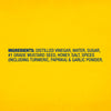 The ingredients list for a bottle of Frenchs Brown Honey Mustard 12 Oz is shown in bold blue text against a vibrant yellow background.