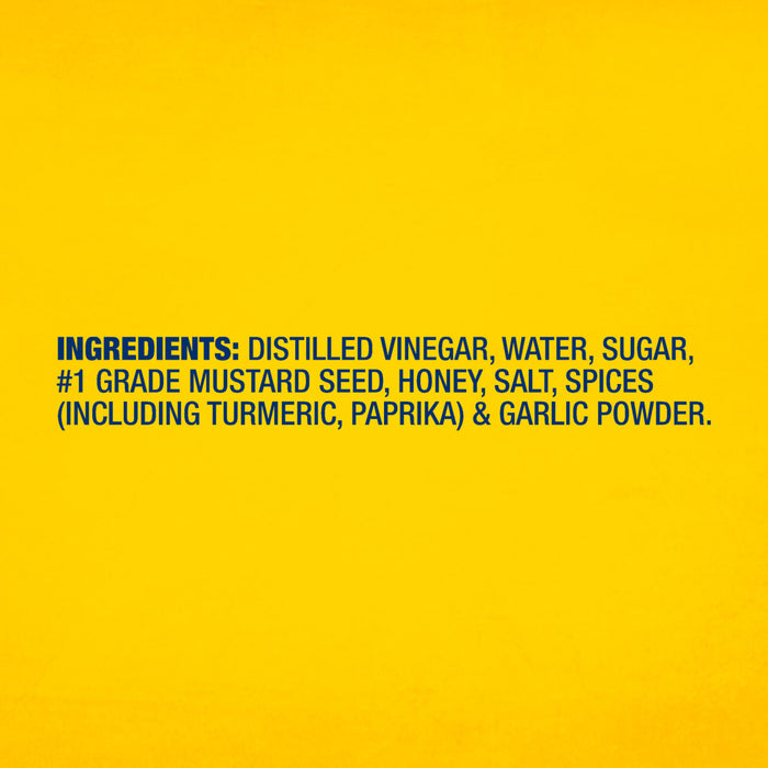 The ingredients list for a bottle of Frenchs Brown Honey Mustard 12 Oz is shown in bold blue text against a vibrant yellow background.