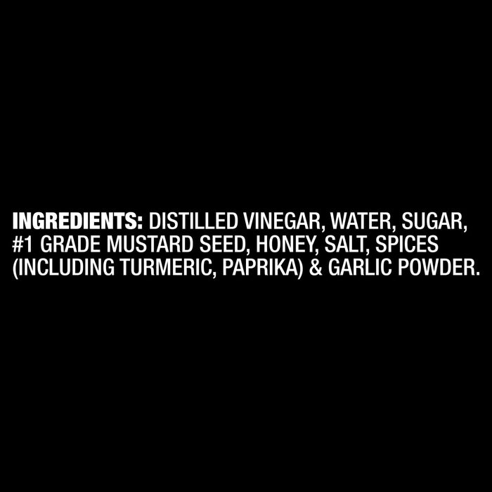 The ingredients list for Frenchs Brown Honey Mustard 12 Oz shows distilled vinegar, water, sugar, #1 grade mustard seed, honey, salt, spices including turmeric and paprika, and garlic powder.